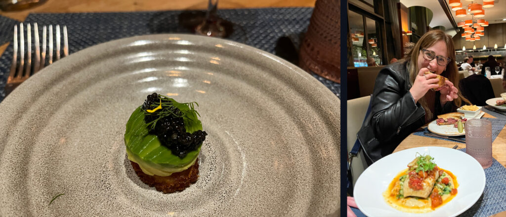 Two dinner pictures. The first shows a small potato latke topped with sliced avocado and caviar, on a gray plate. The second shows Monique chowing down on a Reuben sandwich, with the restaurant in the background and another plate of food in the foreground.