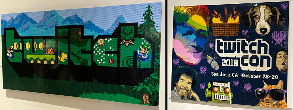 Two pieces of LEGO art. One is a Twitch logo with Super Mario sprites in the letters and a mountain range in the background. The other is the TwitchCon 2018 logo and various emoji.