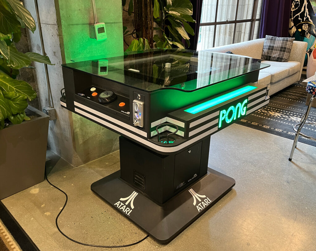 Pong video game table in Twitch's arcade room.