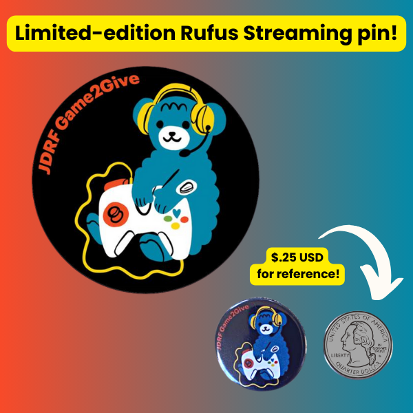 Shows a limited edition Rufus streaming pin (a cartoon bear holding a controller) next to a quarter coin as a size reference.