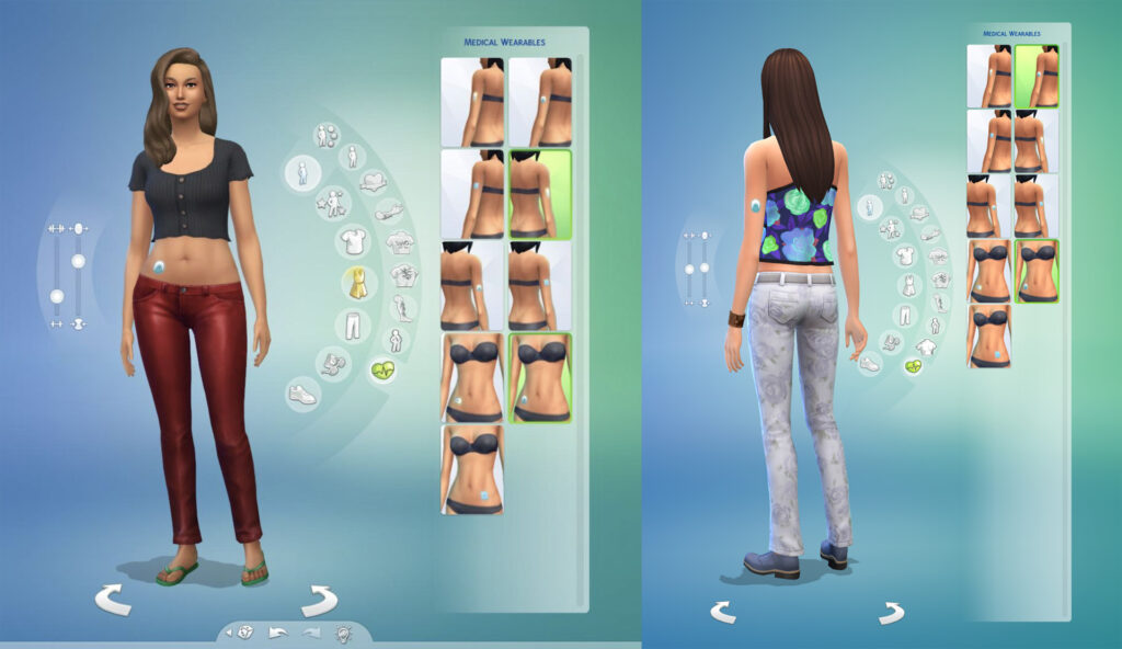 Two screen grabs of the Create A Sim interface showing wearable diabetes devices on a Sim's abdomen and arm.