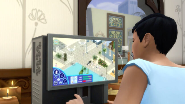 A Sim playing the Sims on a computer.