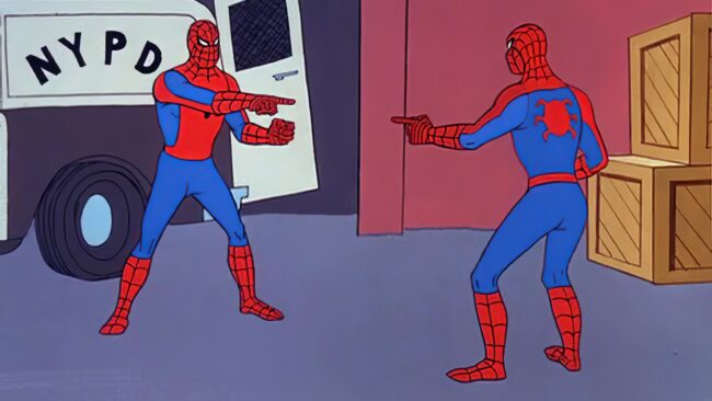 Cartoon art of Spider-Man pointing at Spider-Man